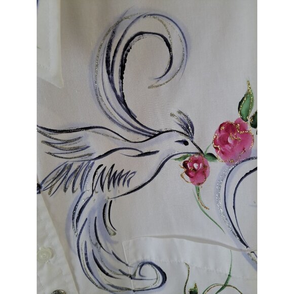 Hand-Painted Creative Artwear White Button-Up Shirt  Floral  Bird Women's Med - Picture 3 of 12